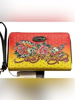 NWT•Ed Hardy Red and Yellow Ombre Tattoo-Print Wallet/Wristlet